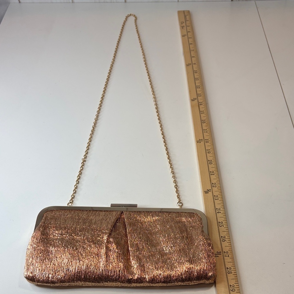Kate Landry Shimmering Bonze Clutch handbag crossbodyBag with golden chain strap - Picture 9 of 11